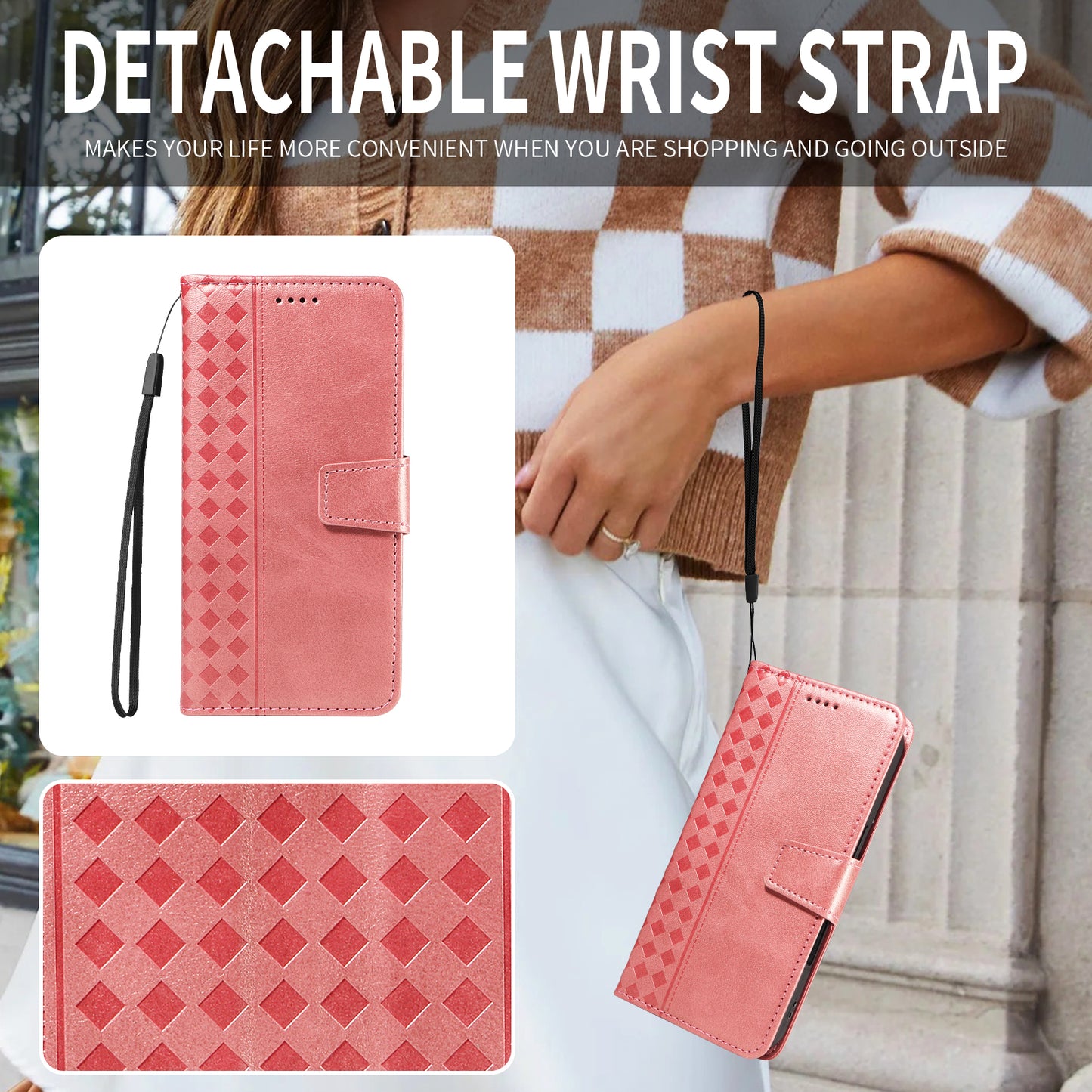 For iPhone 17 Pro Max Leather Case Wallet Stand Grids Imprinted Phone Cover with Strap - Rose Gold