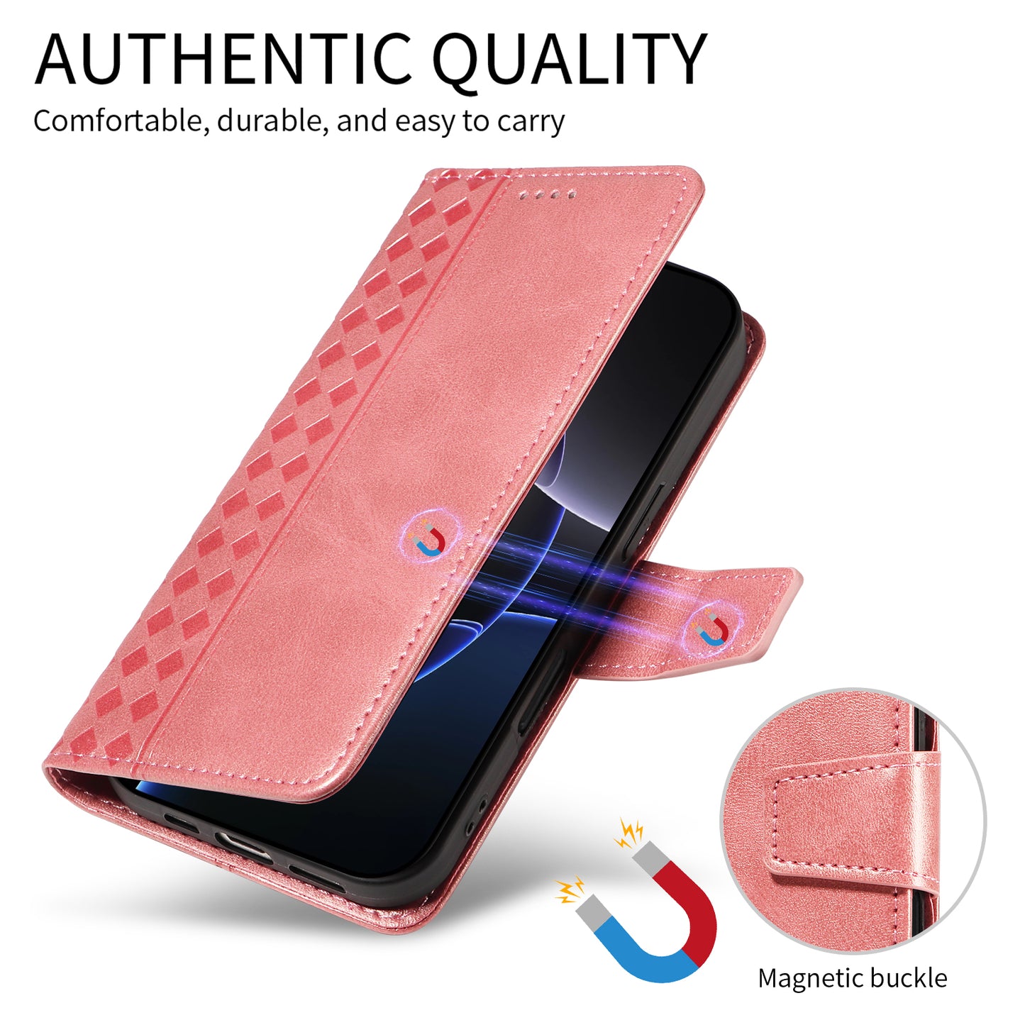 For iPhone 17 Pro Max Leather Case Wallet Stand Grids Imprinted Phone Cover with Strap - Rose Gold