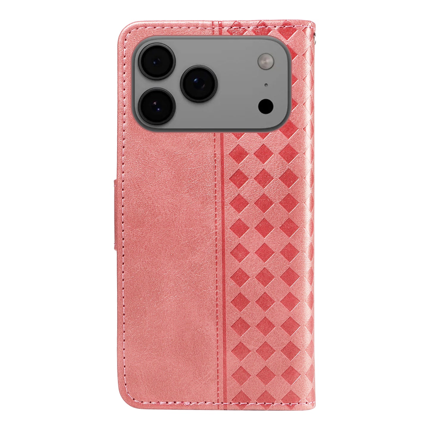 For iPhone 17 Pro Max Leather Case Wallet Stand Grids Imprinted Phone Cover with Strap - Rose Gold