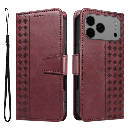 For iPhone 17 Pro Max Leather Case Wallet Stand Grids Imprinted Phone Cover with Strap -  Wine Red