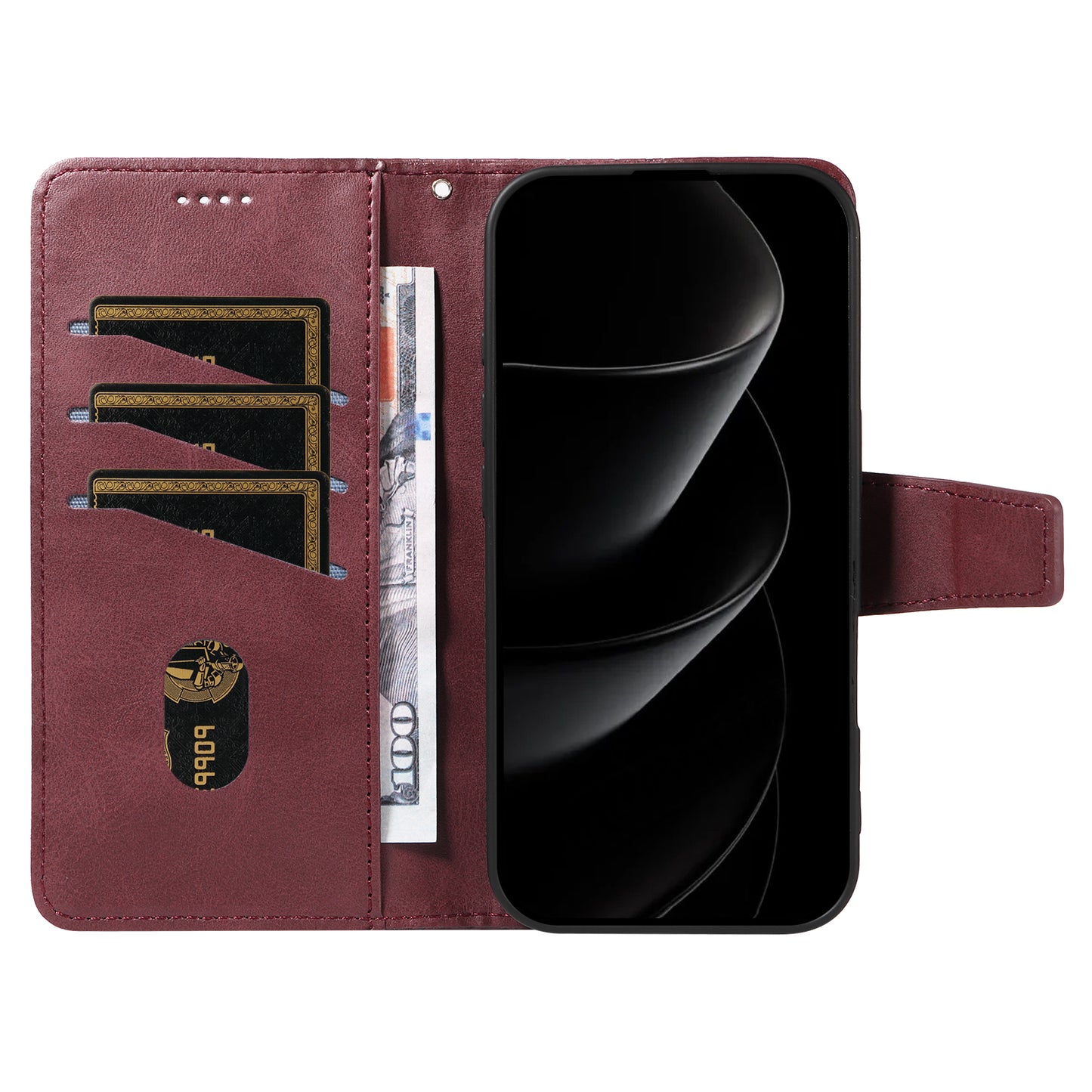 For iPhone 17 Pro Max Leather Case Wallet Stand Grids Imprinted Phone Cover with Strap -  Wine Red