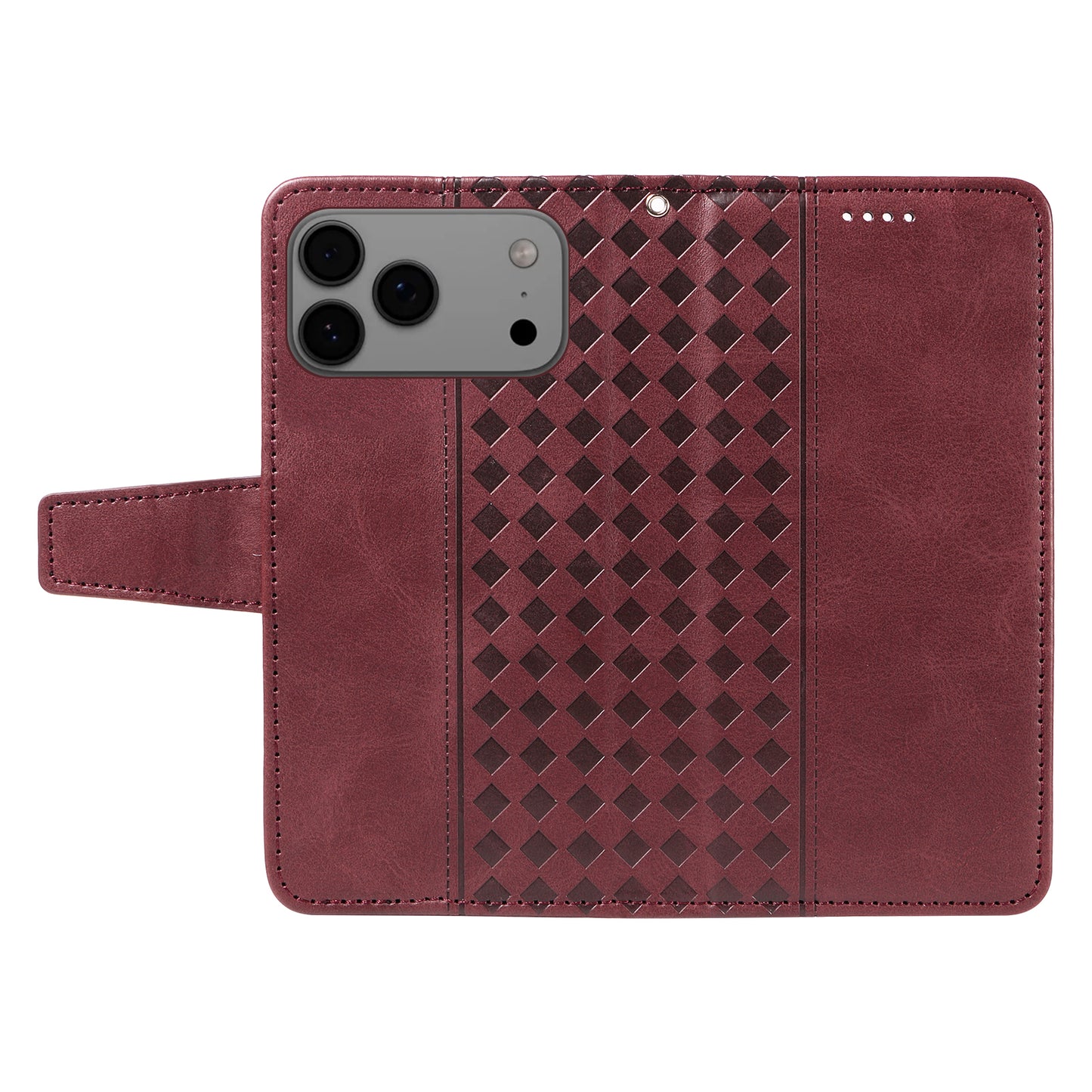 For iPhone 17 Pro Max Leather Case Wallet Stand Grids Imprinted Phone Cover with Strap -  Wine Red