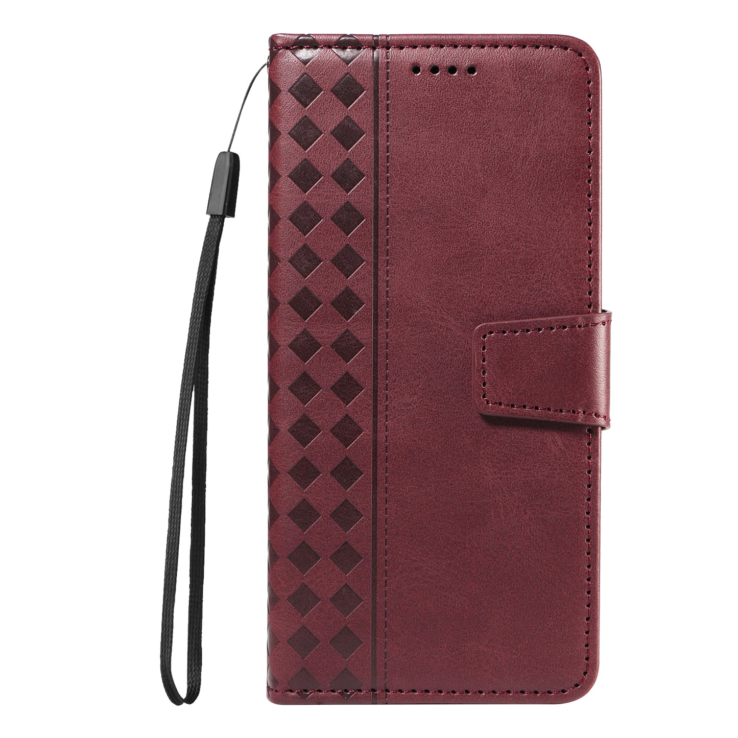 For iPhone 17 Pro Max Leather Case Wallet Stand Grids Imprinted Phone Cover with Strap -  Wine Red