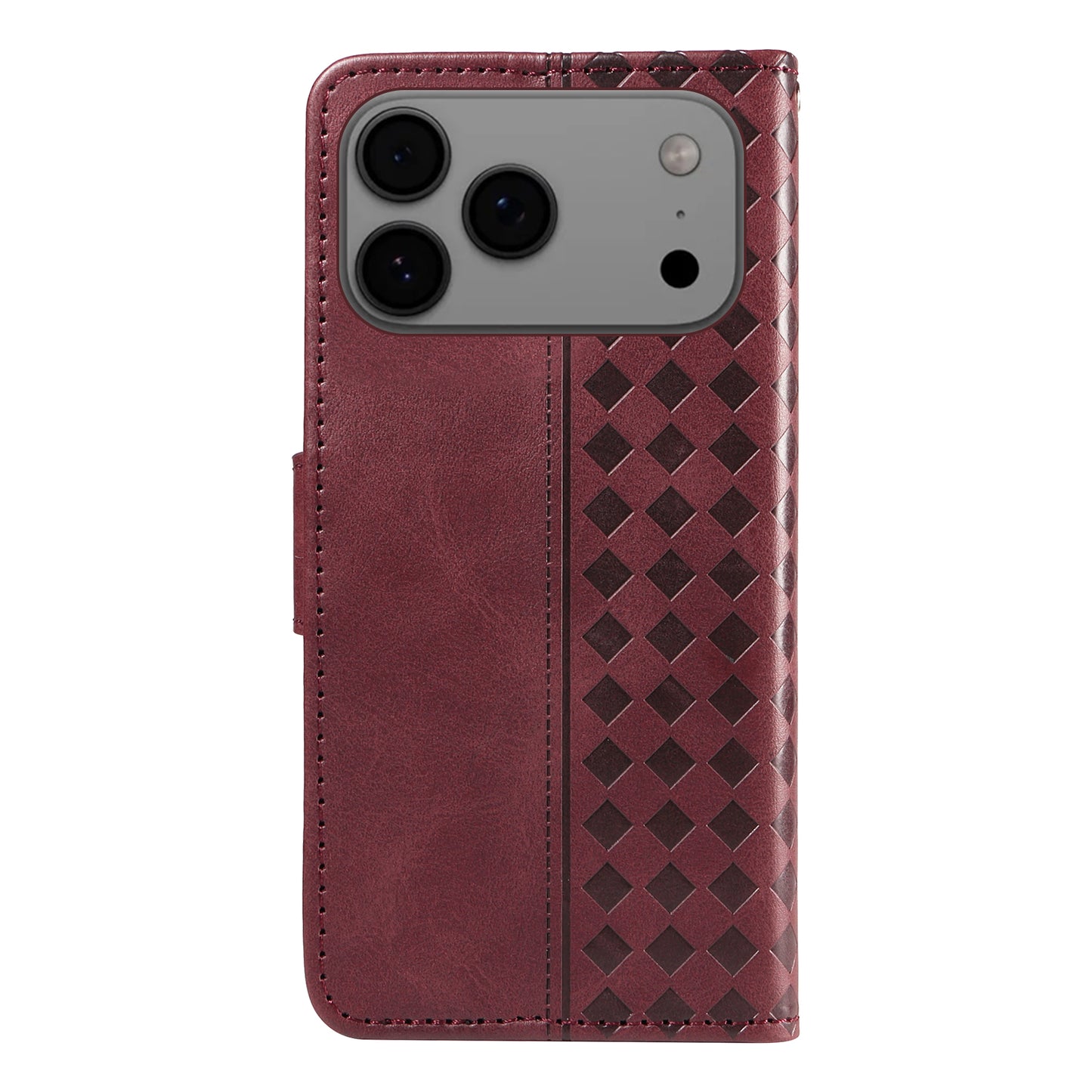 For iPhone 17 Pro Max Leather Case Wallet Stand Grids Imprinted Phone Cover with Strap -  Wine Red