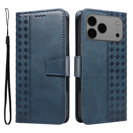 For iPhone 17 Pro Max Leather Case Wallet Stand Grids Imprinted Phone Cover with Strap - Blue