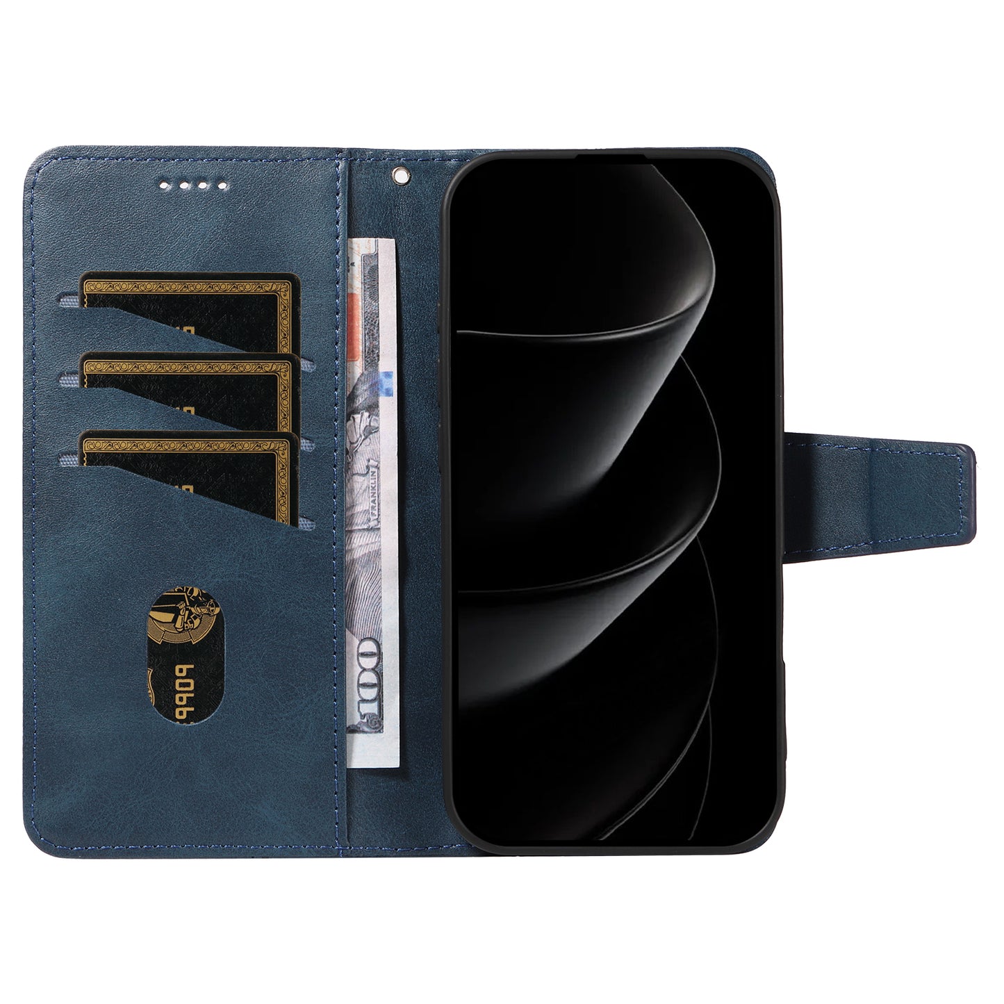 For iPhone 17 Pro Max Leather Case Wallet Stand Grids Imprinted Phone Cover with Strap - Blue