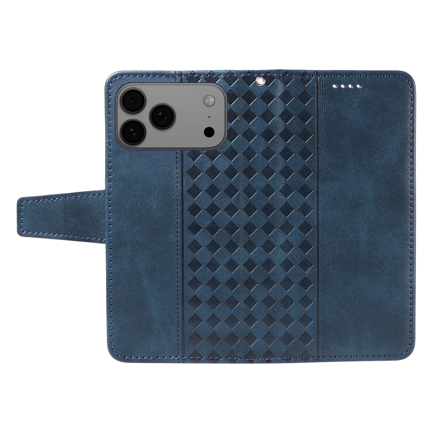 For iPhone 17 Pro Max Leather Case Wallet Stand Grids Imprinted Phone Cover with Strap - Blue