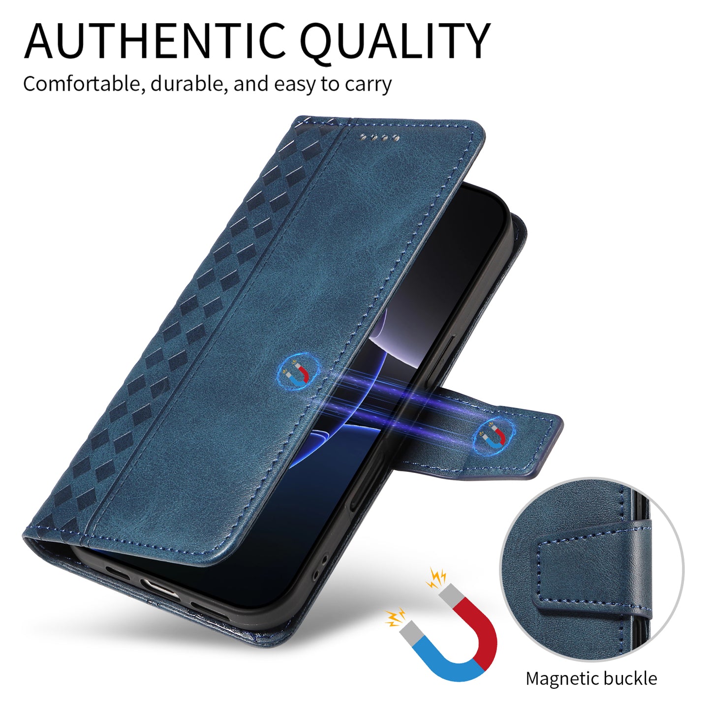 For iPhone 17 Pro Max Leather Case Wallet Stand Grids Imprinted Phone Cover with Strap - Blue