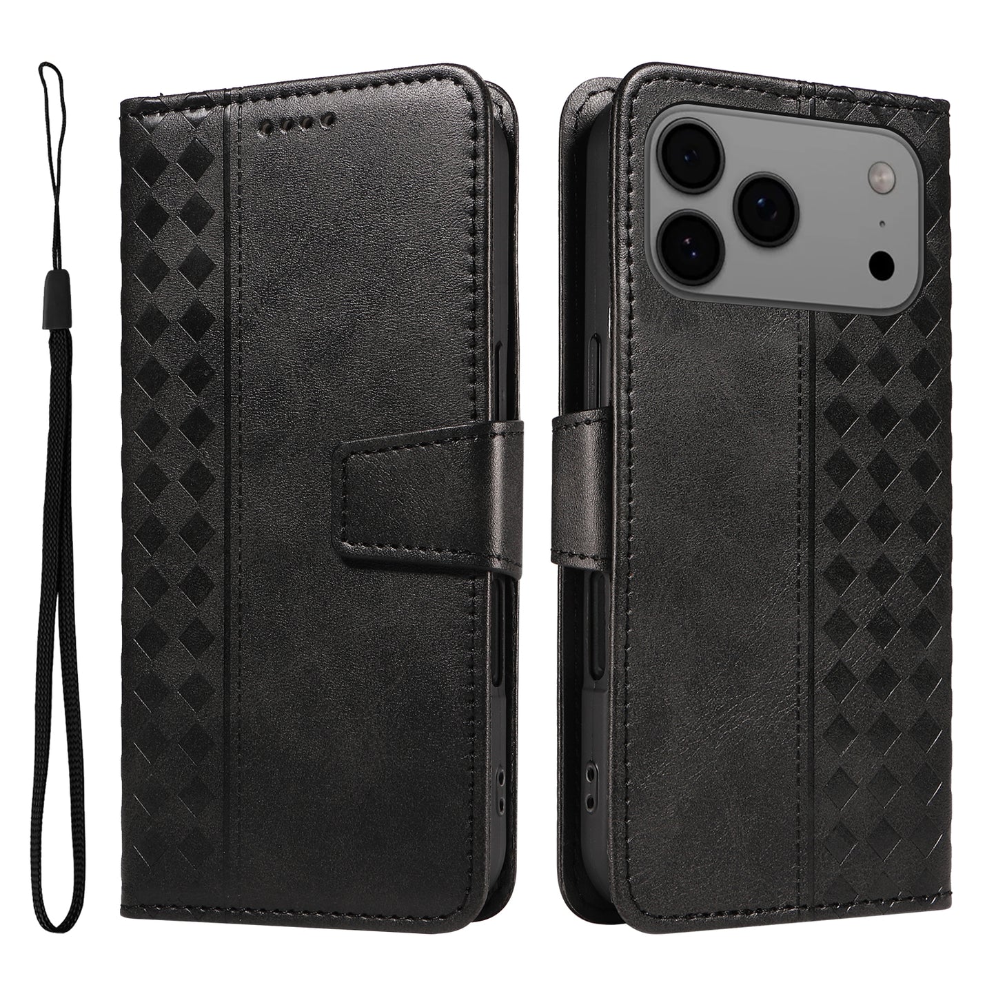 For iPhone 17 Pro Max Leather Case Wallet Stand Grids Imprinted Phone Cover with Strap - Black