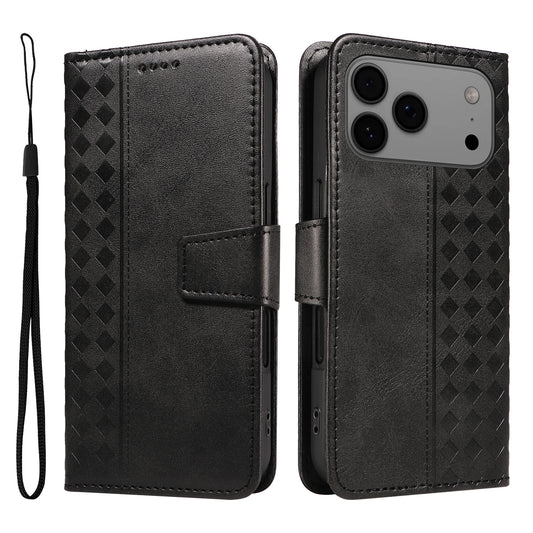For iPhone 17 Pro Max Leather Case Wallet Stand Grids Imprinted Phone Cover with Strap - Black