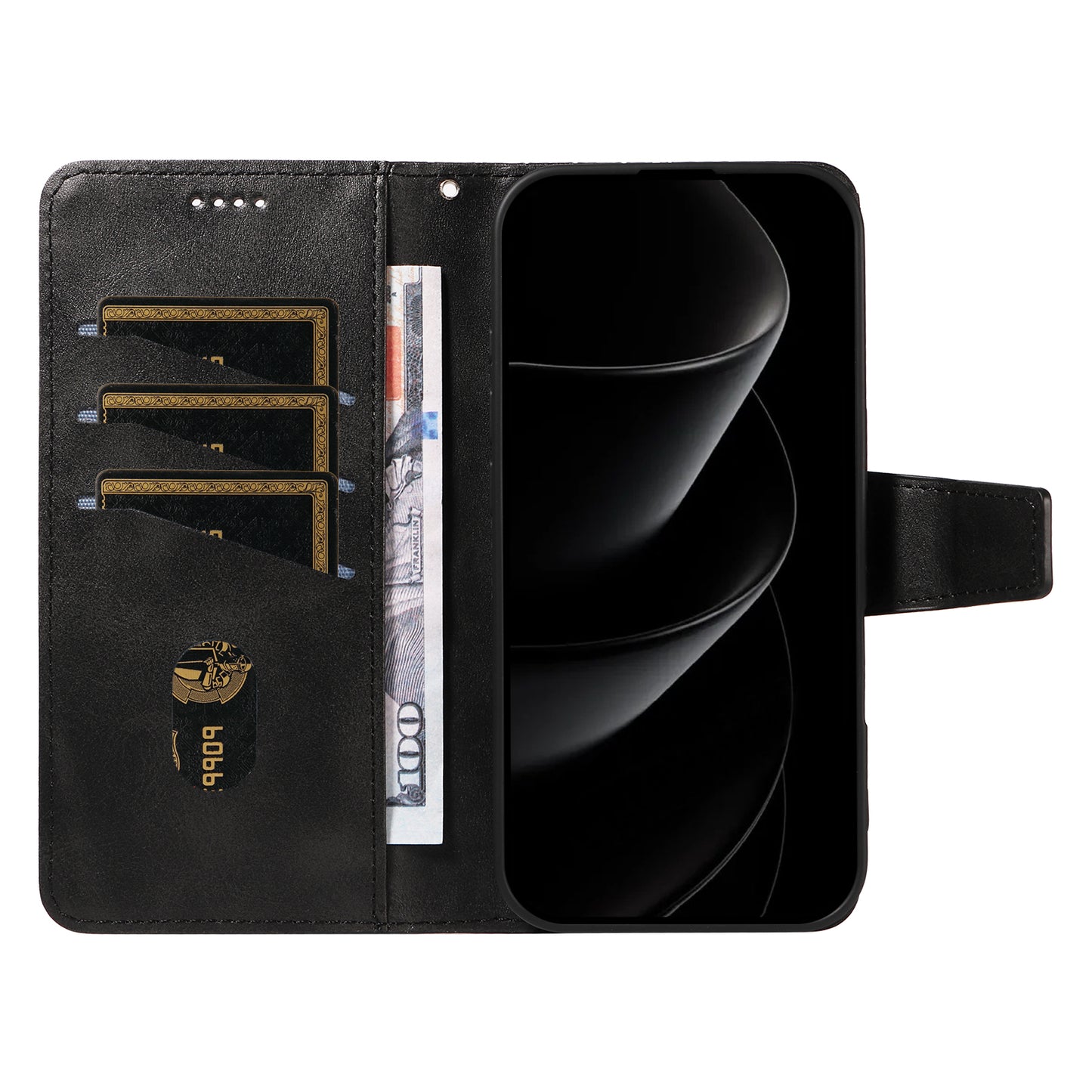 For iPhone 17 Pro Max Leather Case Wallet Stand Grids Imprinted Phone Cover with Strap - Black