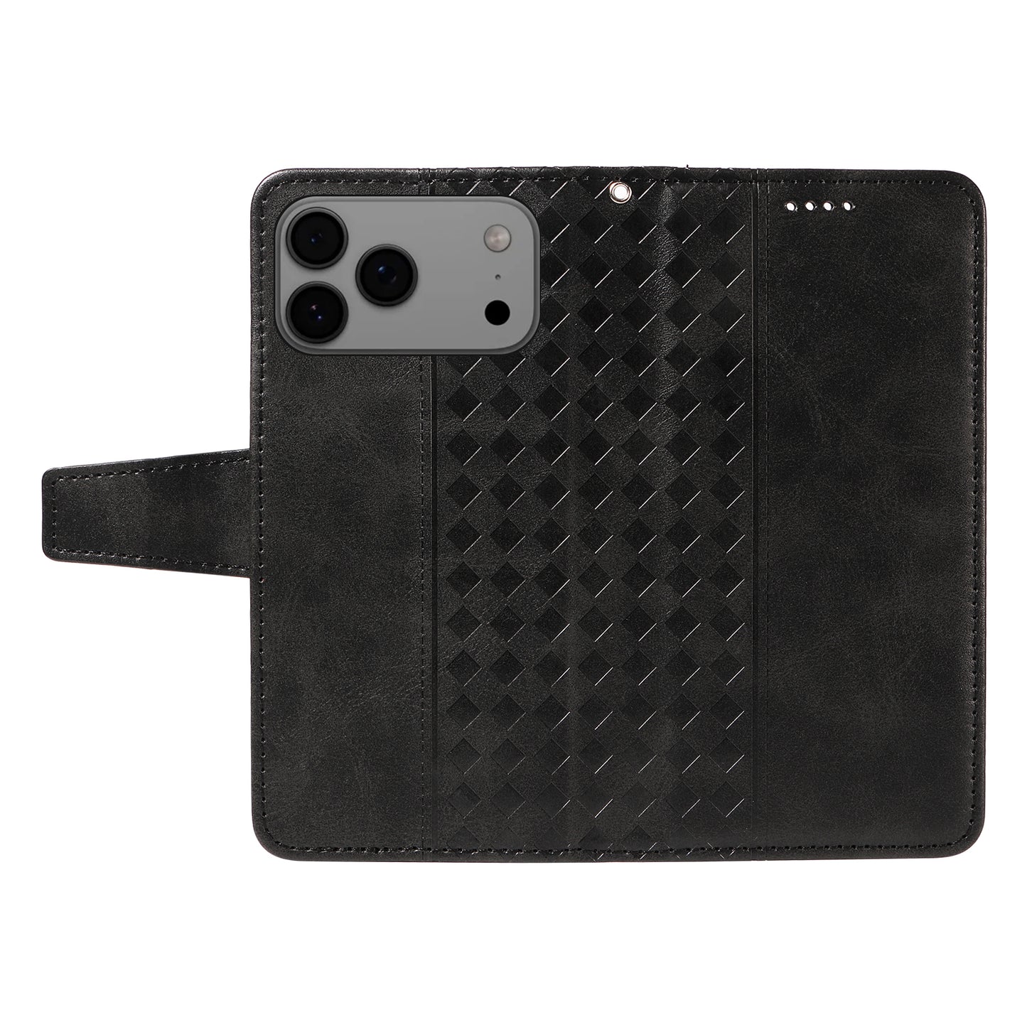 For iPhone 17 Pro Max Leather Case Wallet Stand Grids Imprinted Phone Cover with Strap - Black