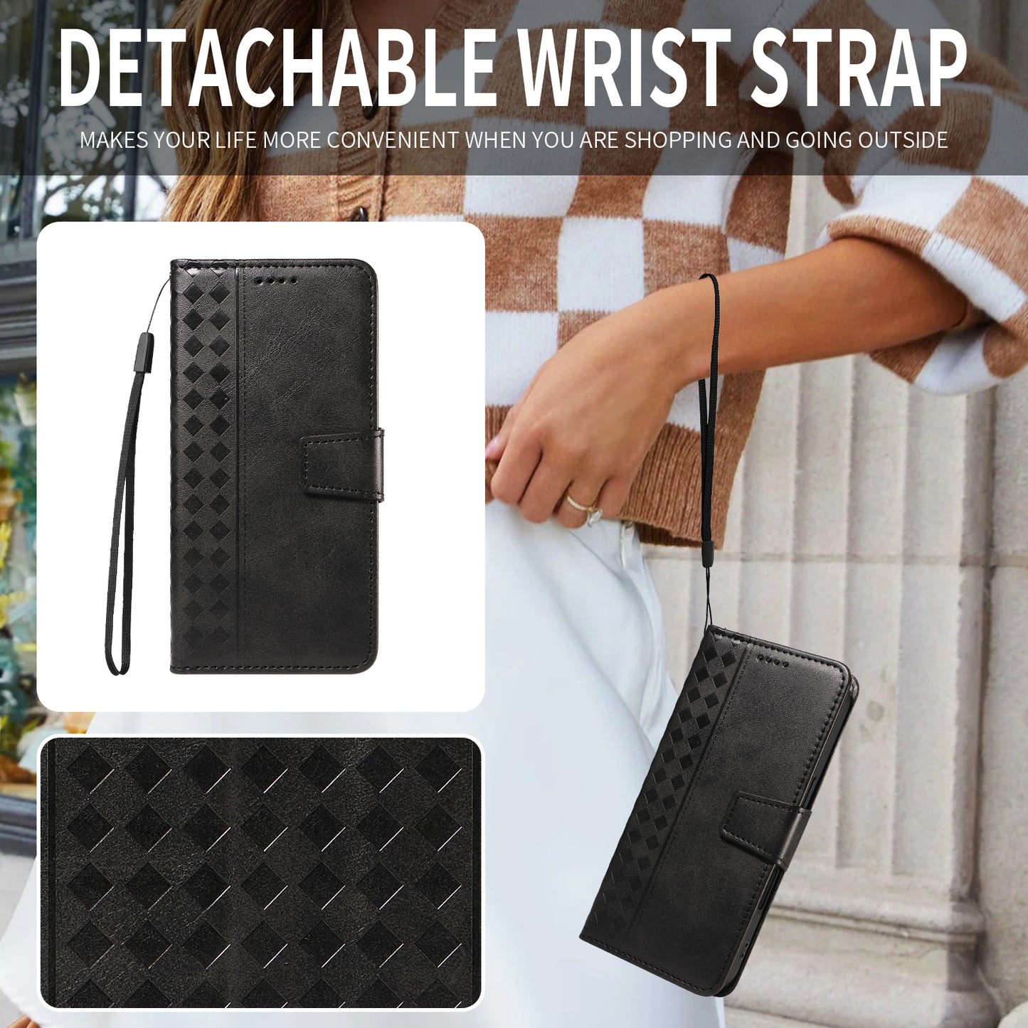 For iPhone 17 Pro Max Leather Case Wallet Stand Grids Imprinted Phone Cover with Strap - Black