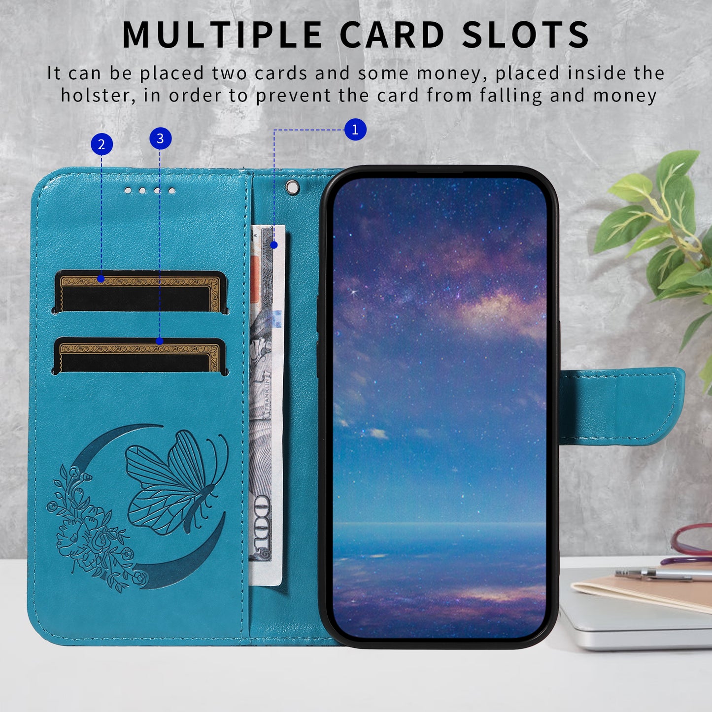 For iPhone 17 Pro Max Case Butterfly Pattern PU Leather Folio Flip Phone Cover -  Blue