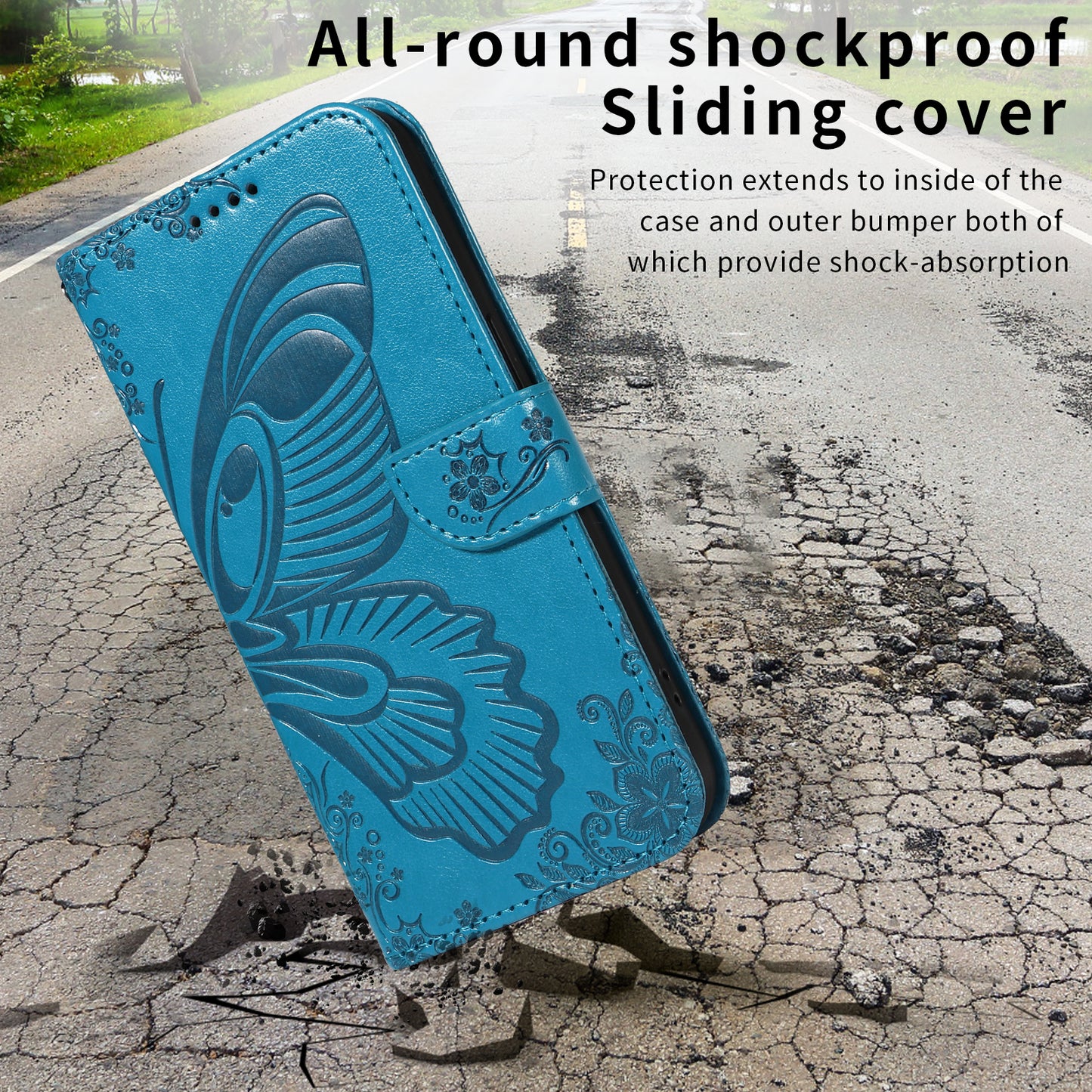 For iPhone 17 Pro Max Case Butterfly Pattern PU Leather Folio Flip Phone Cover -  Blue