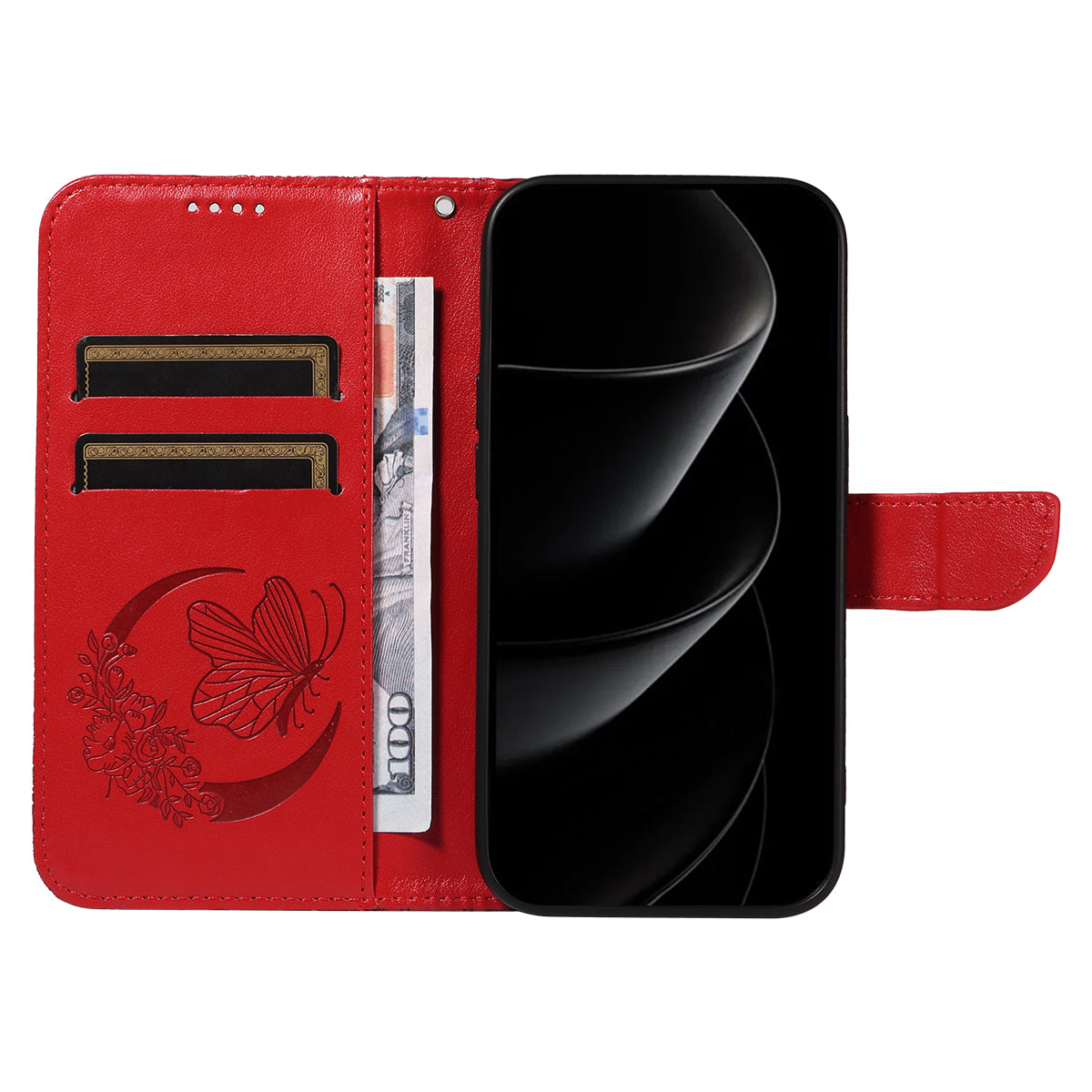 For iPhone 17 Pro Max Case Butterfly Pattern PU Leather Folio Flip Phone Cover -  Red