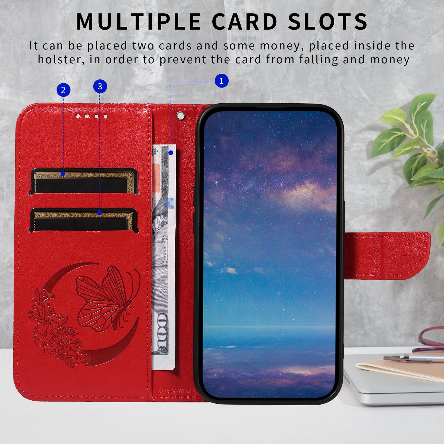 For iPhone 17 Pro Max Case Butterfly Pattern PU Leather Folio Flip Phone Cover -  Red