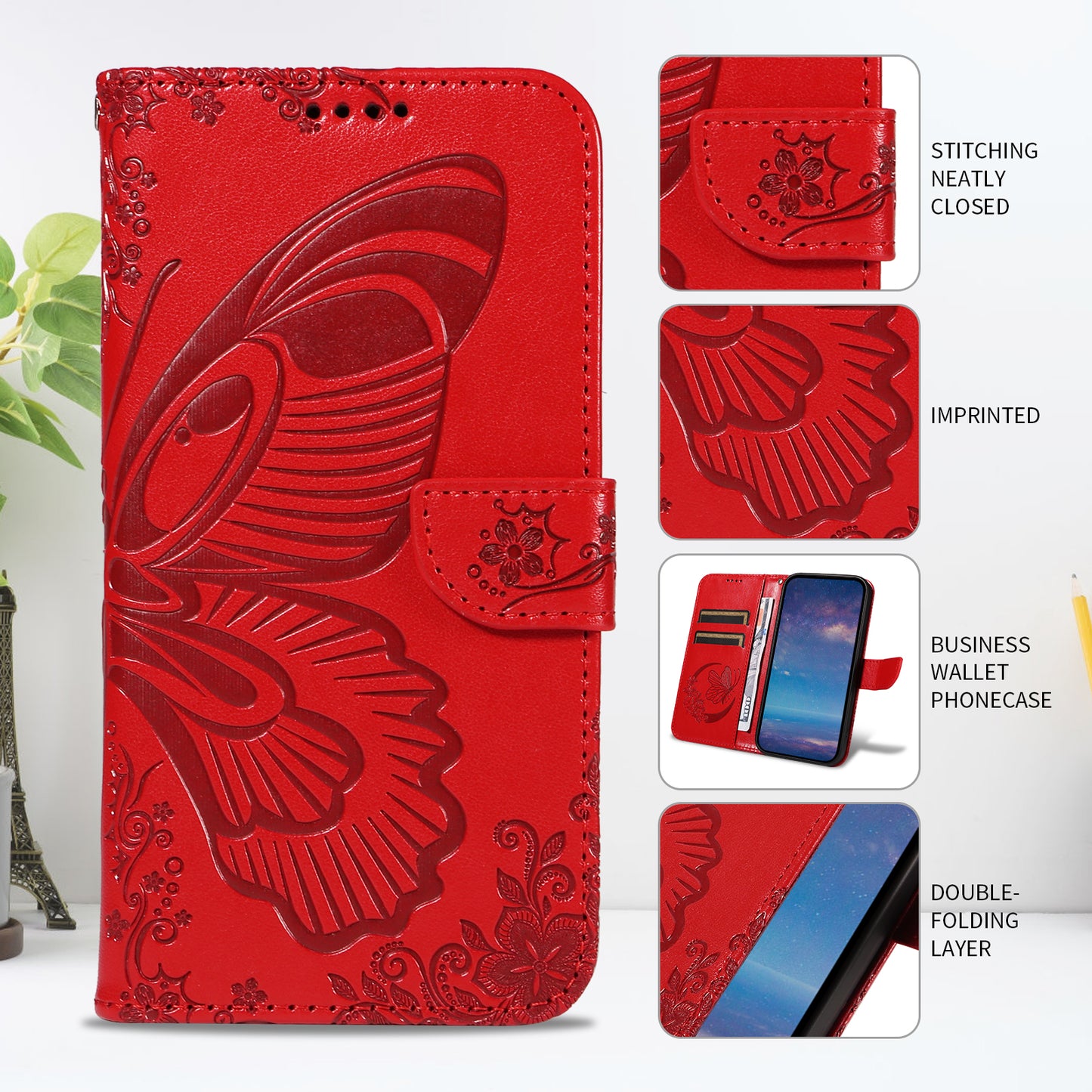 For iPhone 17 Pro Max Case Butterfly Pattern PU Leather Folio Flip Phone Cover -  Red
