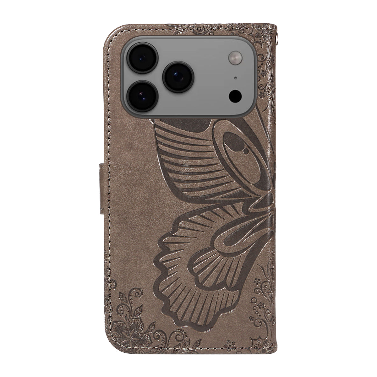 For iPhone 17 Pro Max Case Butterfly Pattern PU Leather Folio Flip Phone Cover - Grey