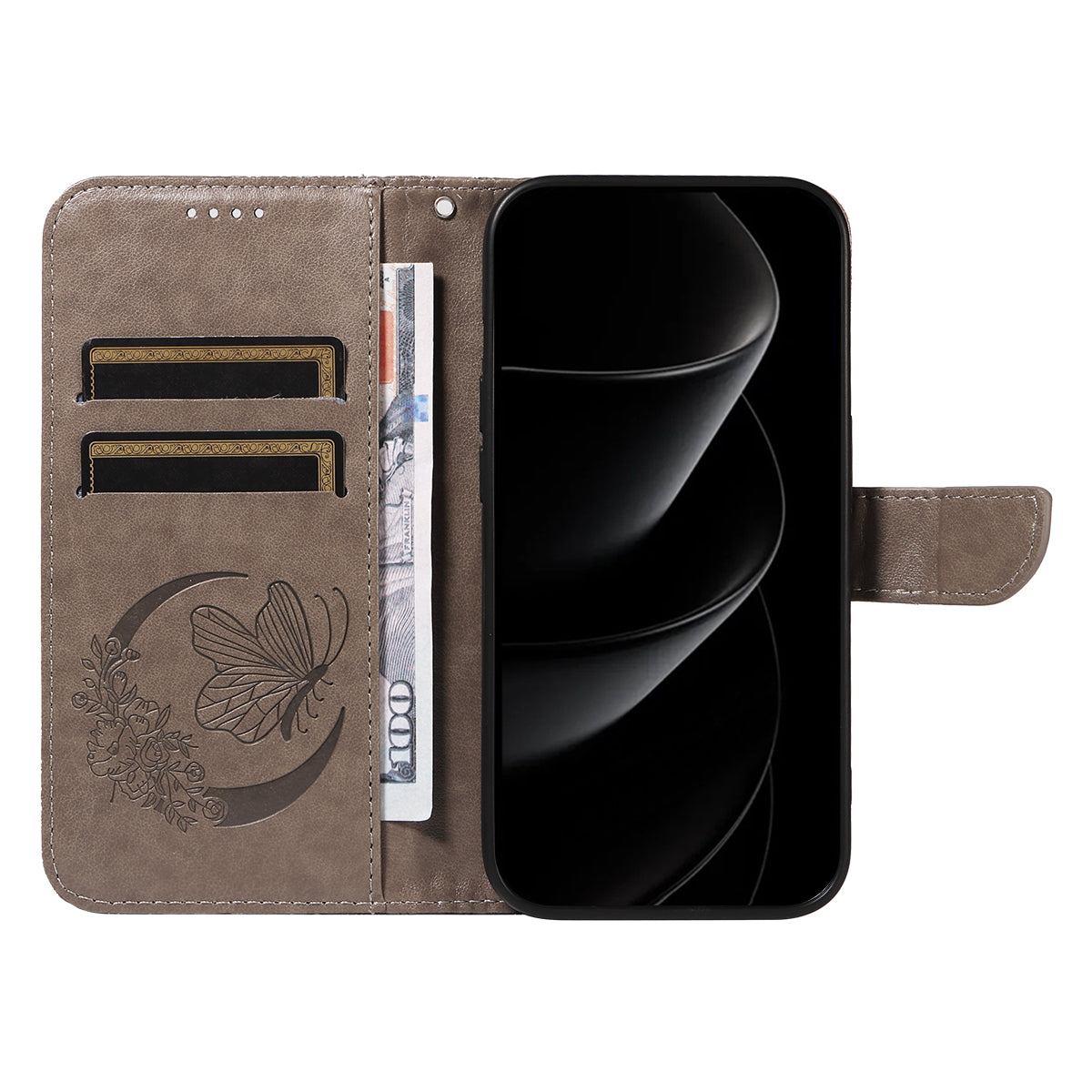 For iPhone 17 Pro Max Case Butterfly Pattern PU Leather Folio Flip Phone Cover - Grey