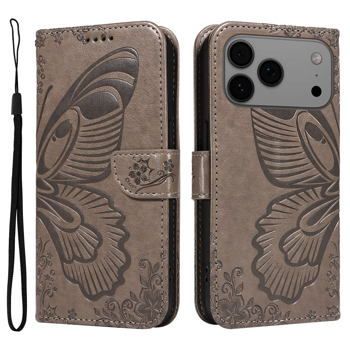 For iPhone 17 Pro Max Case Butterfly Pattern PU Leather Folio Flip Phone Cover - Grey