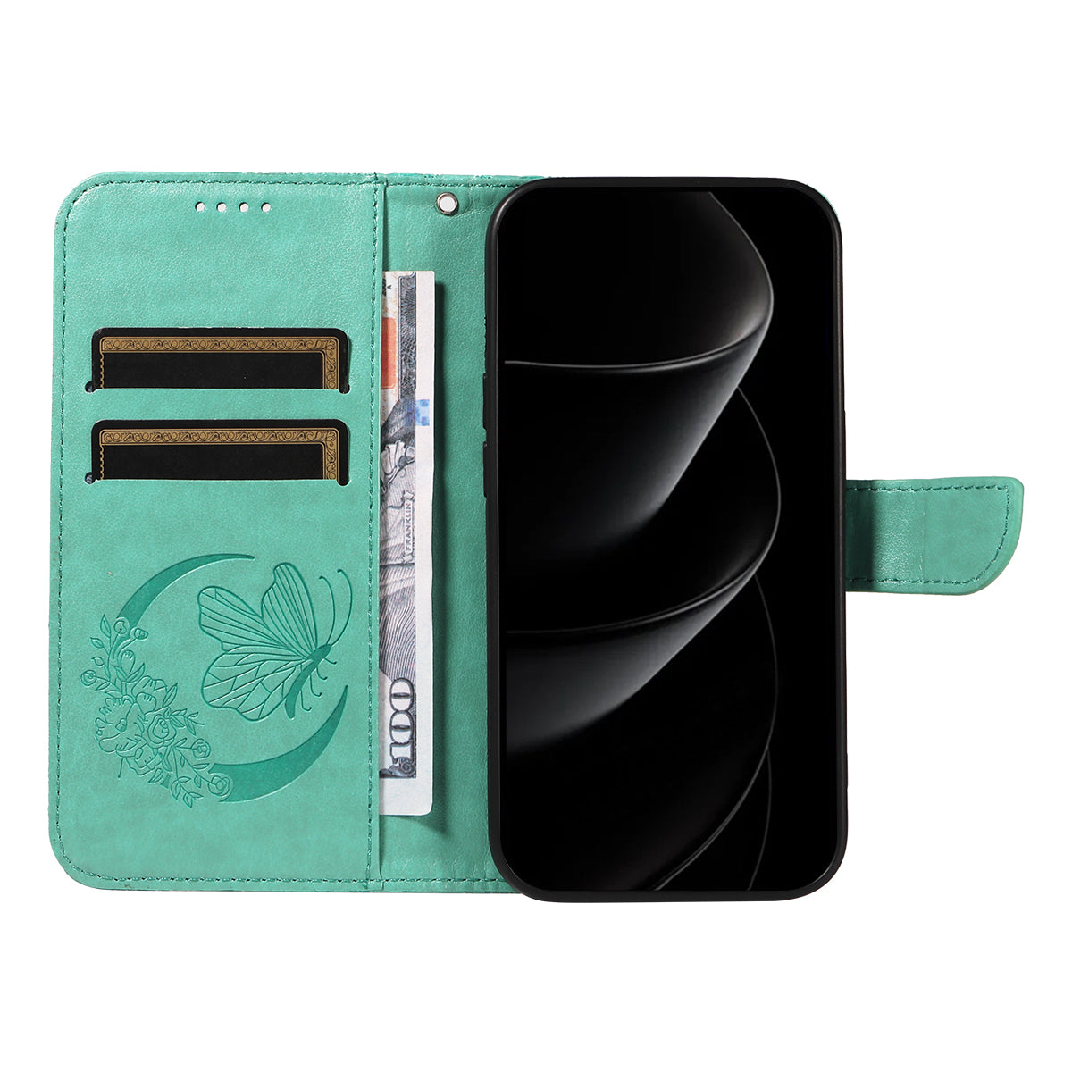 For iPhone 17 Pro Max Case Butterfly Pattern PU Leather Folio Flip Phone Cover -  Green