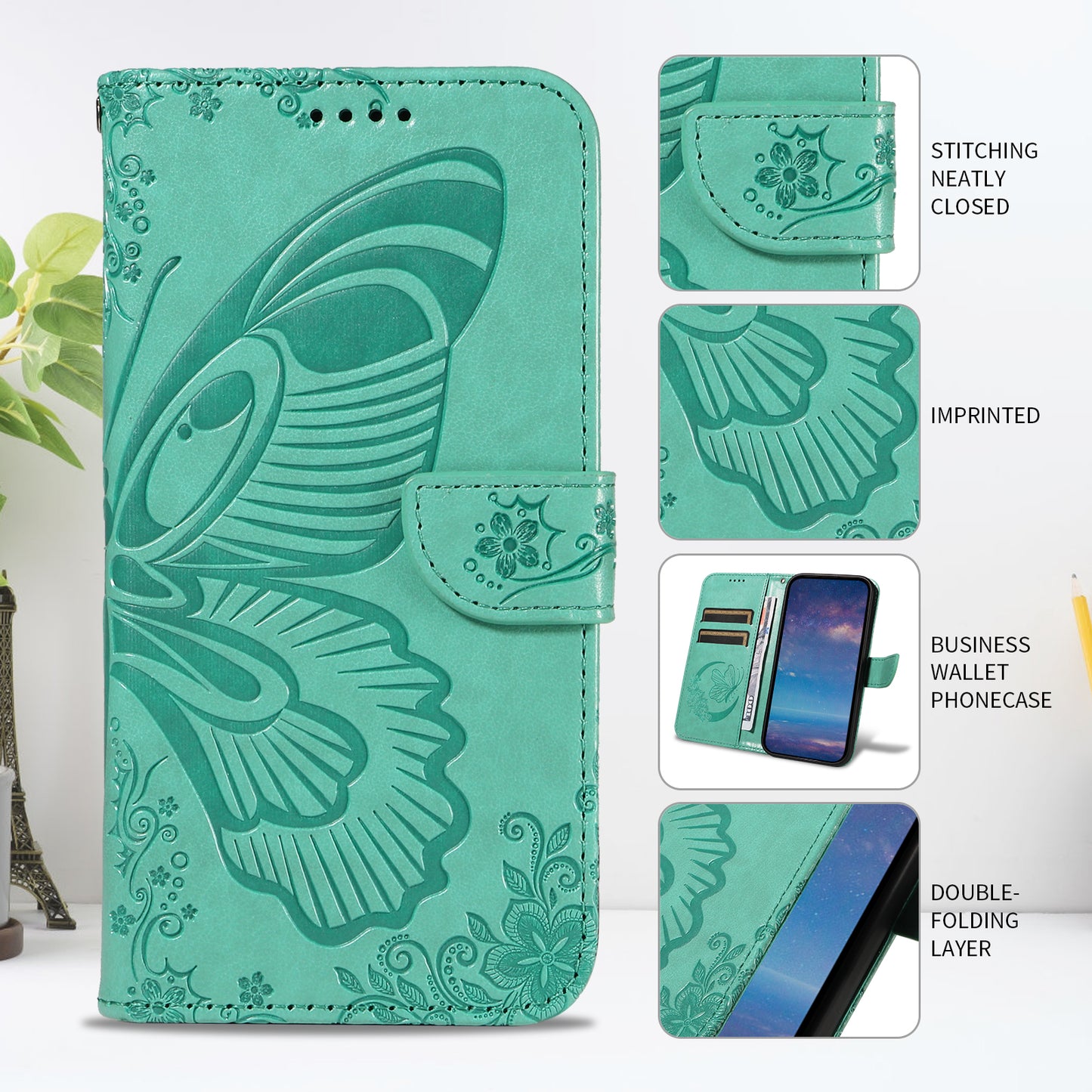 For iPhone 17 Pro Max Case Butterfly Pattern PU Leather Folio Flip Phone Cover -  Green