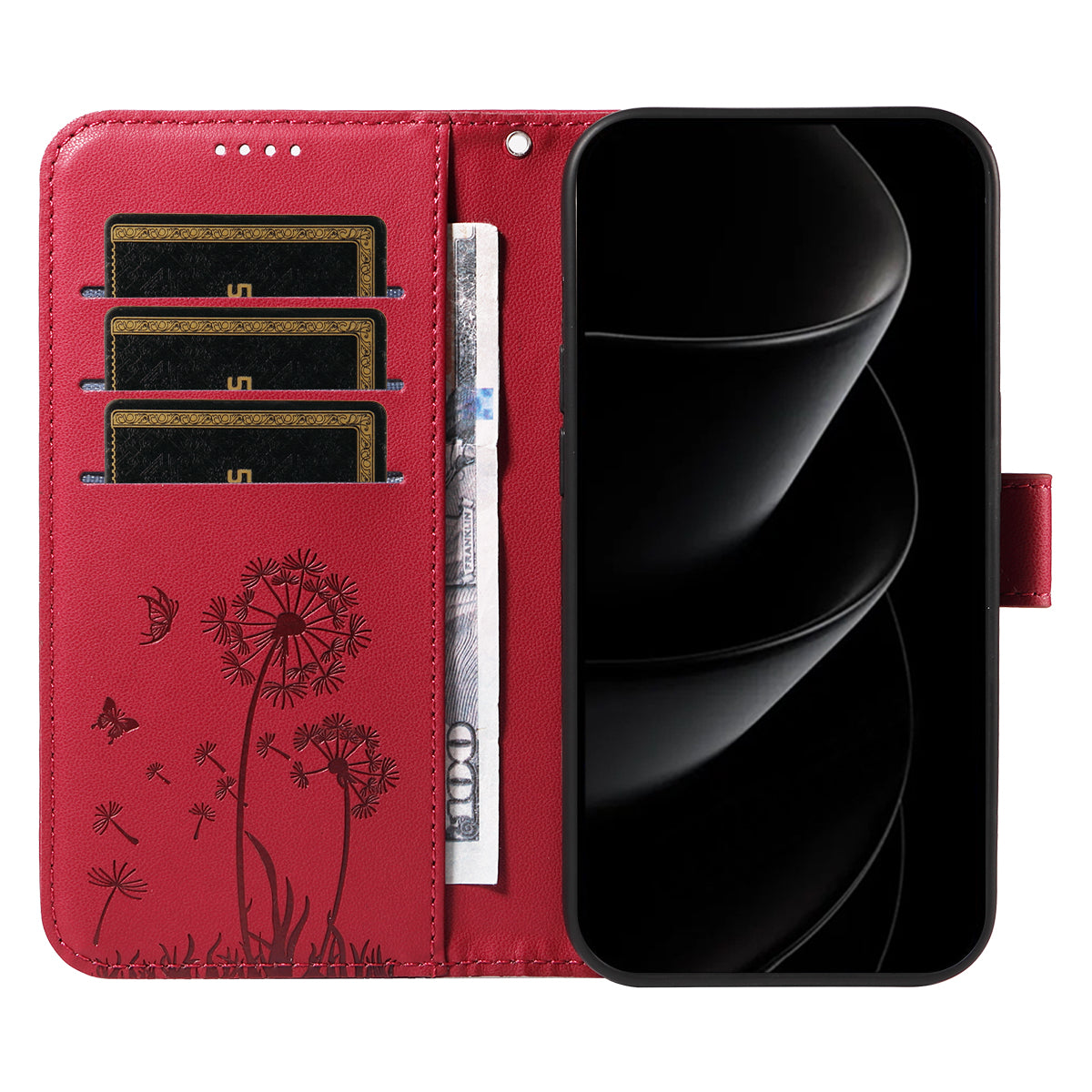 For iPhone 17 Pro Max Leather Wallet Case with Strap Dandelion Imprint Phone Stand Cover - Red