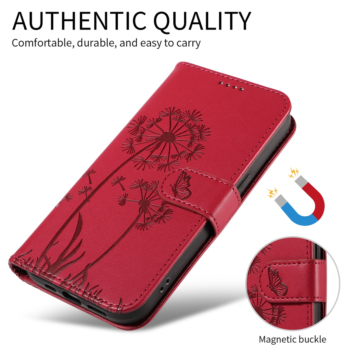 For iPhone 17 Pro Max Leather Wallet Case with Strap Dandelion Imprint Phone Stand Cover - Red