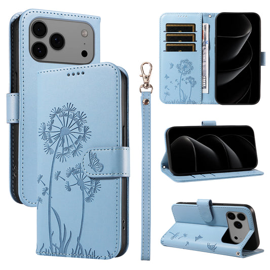 For iPhone 17 Pro Max Leather Wallet Case with Strap Dandelion Imprint Phone Stand Cover - Sky Blue