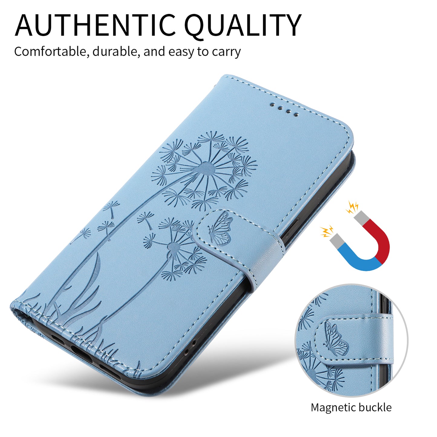 For iPhone 17 Pro Max Leather Wallet Case with Strap Dandelion Imprint Phone Stand Cover - Sky Blue