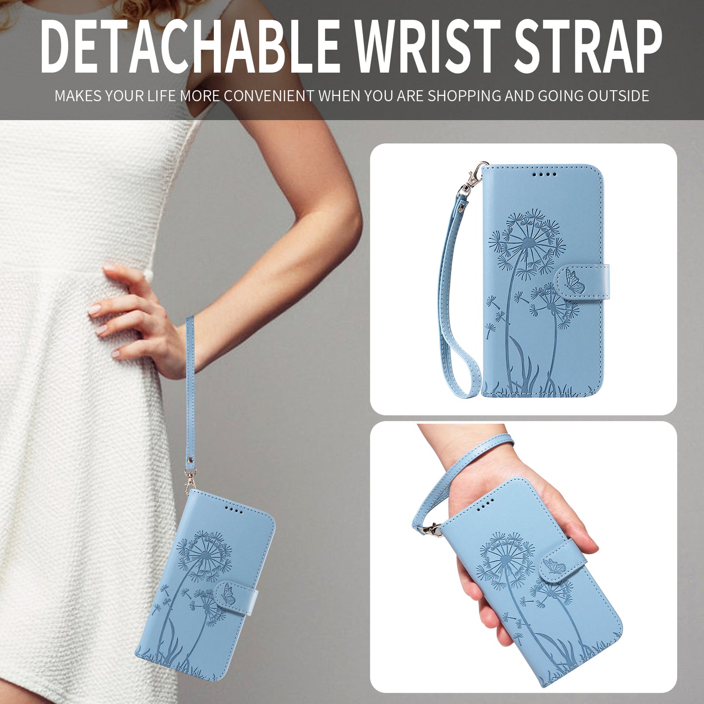 For iPhone 17 Pro Max Leather Wallet Case with Strap Dandelion Imprint Phone Stand Cover - Sky Blue