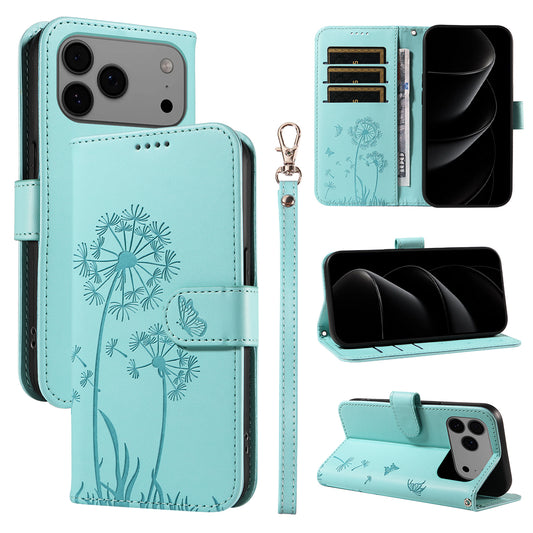 For iPhone 17 Pro Max Leather Wallet Case with Strap Dandelion Imprint Phone Stand Cover - Green
