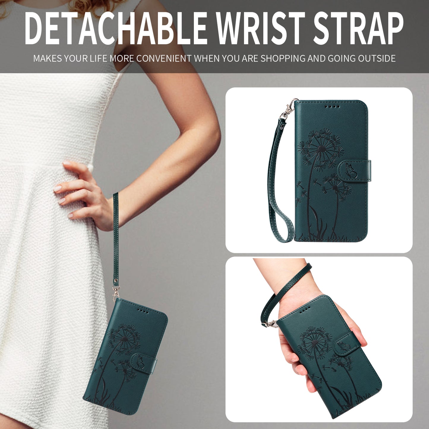 For iPhone 17 Pro Max Leather Wallet Case with Strap Dandelion Imprint Phone Stand Cover - Blue