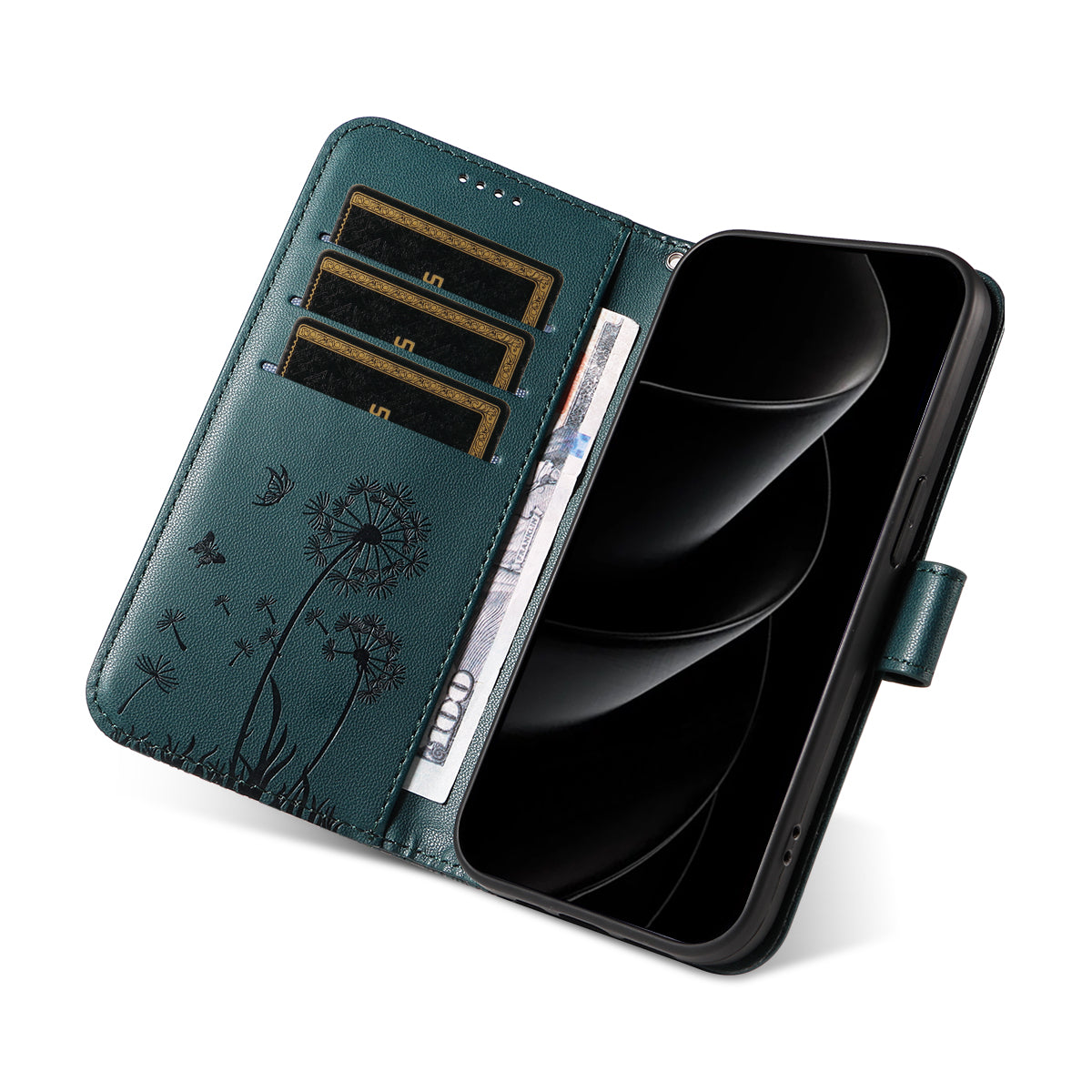 For iPhone 17 Pro Max Leather Wallet Case with Strap Dandelion Imprint Phone Stand Cover - Blue