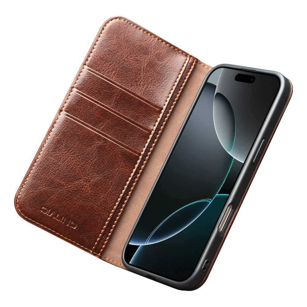 QIALINO For iPhone 17 Pro Max Case Wallet Stand Genuine Cow Leather Phone Cover - Brown