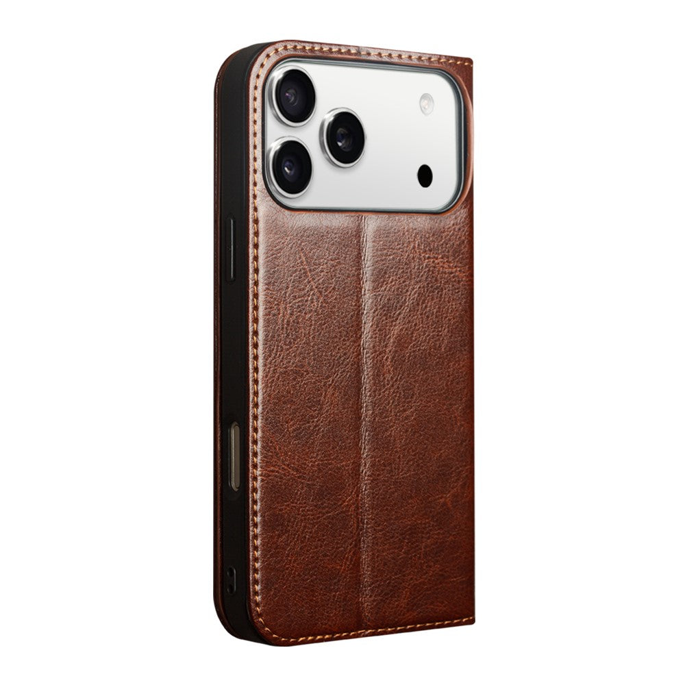 QIALINO For iPhone 17 Pro Max Case Wallet Stand Genuine Cow Leather Phone Cover - Brown