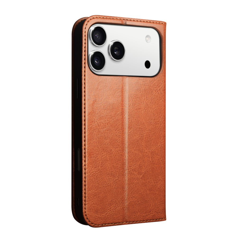 QIALINO For iPhone 17 Pro Max Case Wallet Stand Genuine Cow Leather Phone Cover - Light Brown