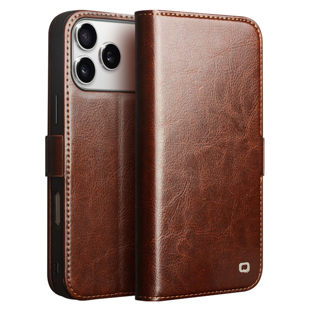 QIALINO For iPhone 17 Pro Max Case with Card Holder Genuine Cow Leather Stand Phone Cover - Brown