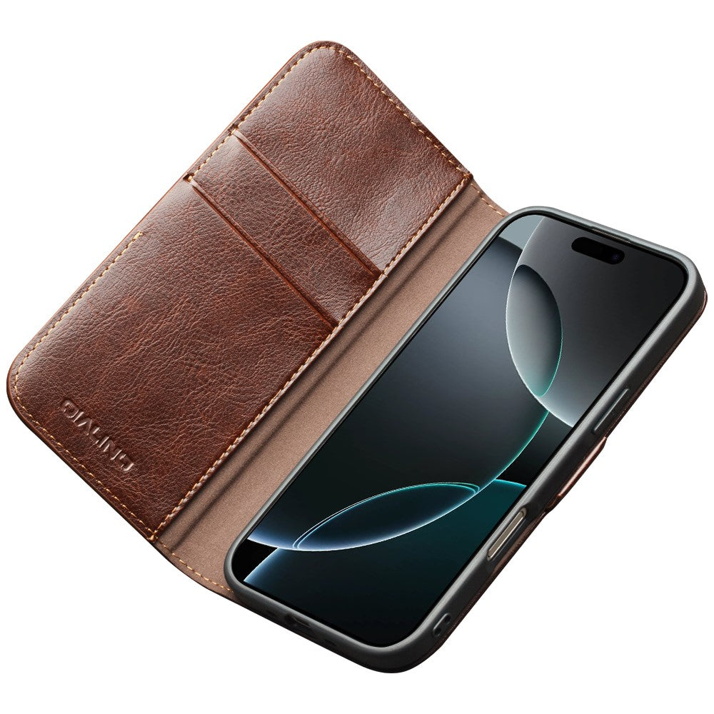 QIALINO For iPhone 17 Pro Max Case with Card Holder Genuine Cow Leather Stand Phone Cover - Brown