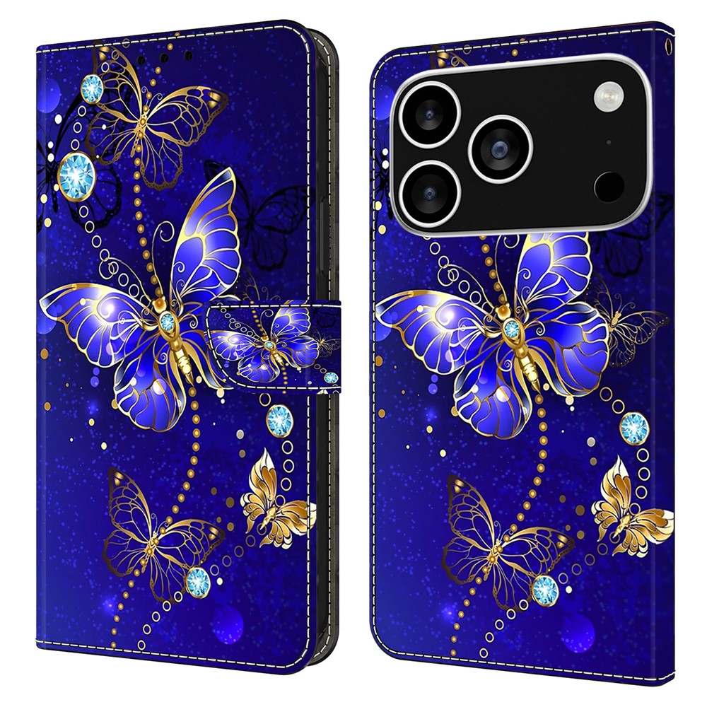 For iPhone 17 Pro Max Case 3D Pattern PU Leather Wallet Phone Cover with Stand - Diamond Butterfly