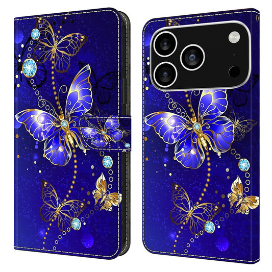 For iPhone 17 Pro Max Case 3D Pattern PU Leather Wallet Phone Cover with Stand - Diamond Butterfly