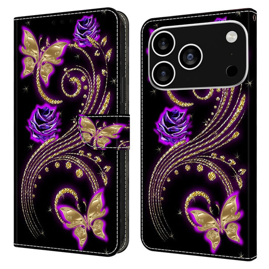 For iPhone 17 Pro Max Case 3D Pattern PU Leather Wallet Phone Cover with Stand - Purple Flowers  /  Butterflies