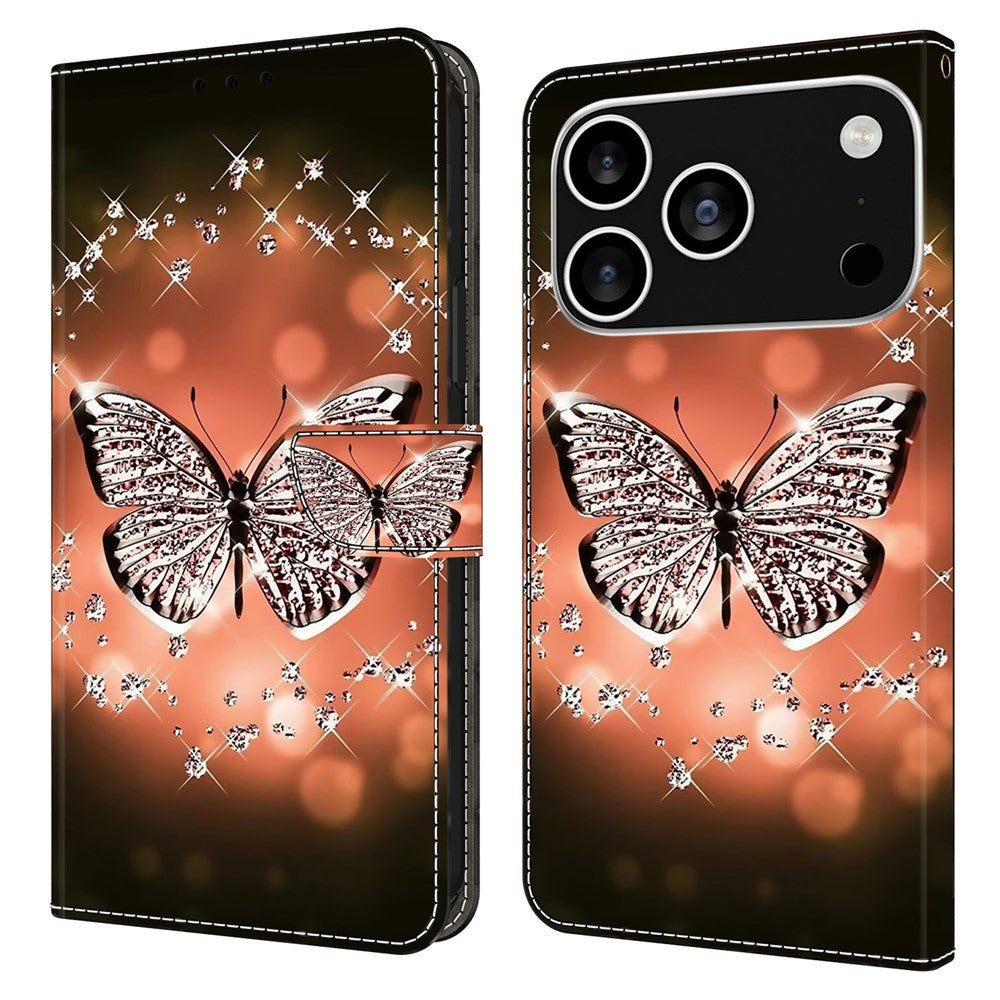 For iPhone 17 Pro Max Case 3D Pattern PU Leather Wallet Phone Cover with Stand - Crystal Butterfly
