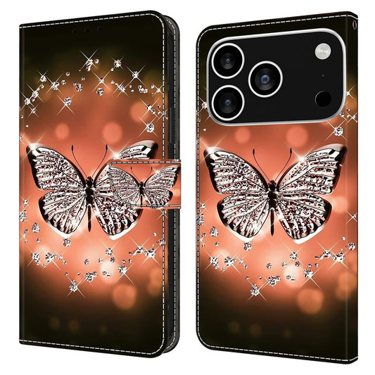For iPhone 17 Pro Max Case 3D Pattern PU Leather Wallet Phone Cover with Stand - Crystal Butterfly