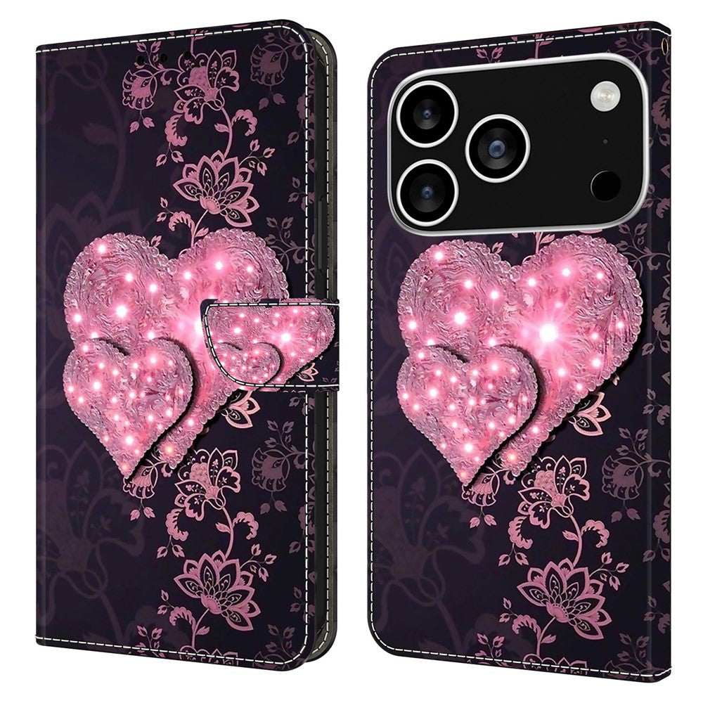For iPhone 17 Pro Max Case 3D Pattern PU Leather Wallet Phone Cover with Stand - Lace Hearts