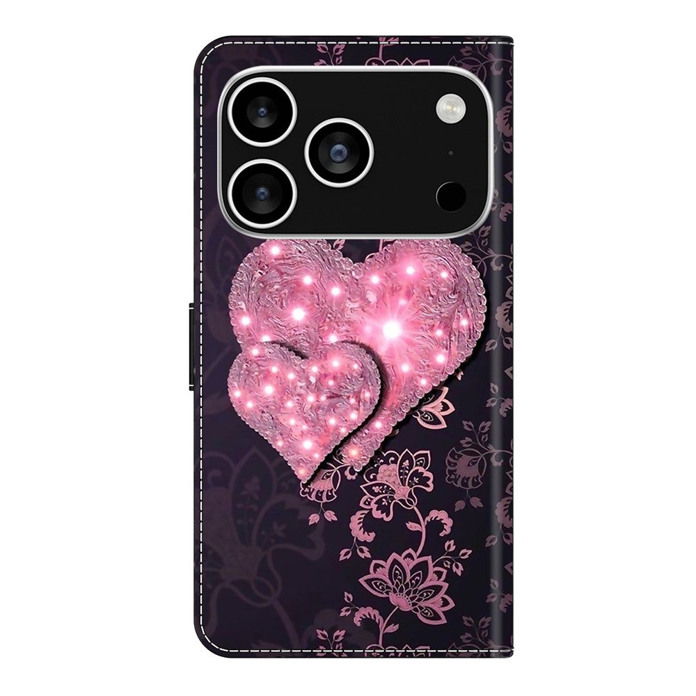 For iPhone 17 Pro Max Case 3D Pattern PU Leather Wallet Phone Cover with Stand - Lace Hearts