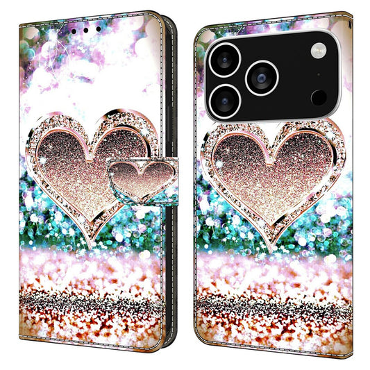 For iPhone 17 Pro Max Case 3D Pattern PU Leather Wallet Phone Cover with Stand - Pink Diamond Heart