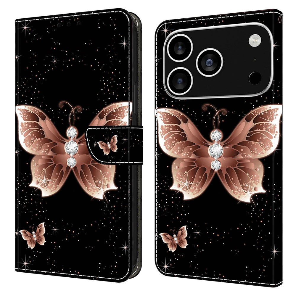 For iPhone 17 Pro Max Case 3D Pattern PU Leather Wallet Phone Cover with Stand - Pink Diamond Butterfly