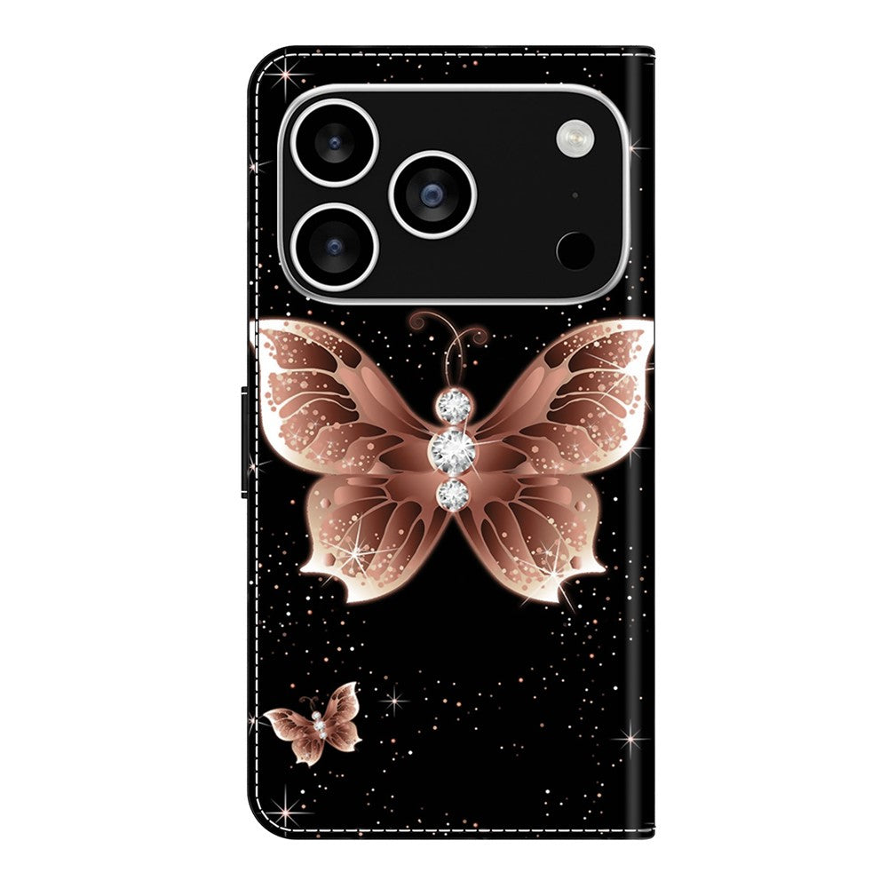 For iPhone 17 Pro Max Case 3D Pattern PU Leather Wallet Phone Cover with Stand - Pink Diamond Butterfly
